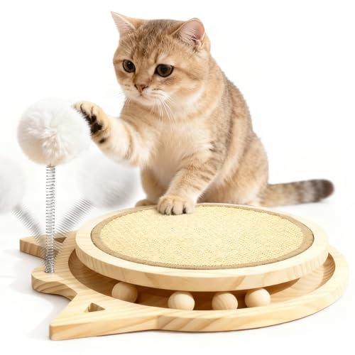 Katzen Kratzbrett, Massives Naturliche Sisal Kratzmatte, 4-IN-1 kratzbretter Katze mit kugelbahn & Pluschkugel, katzenspielzeug Holz