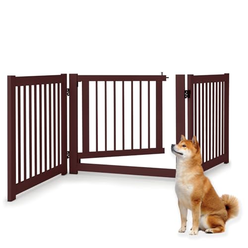 SOARS Cancelletto per Cani Pieghevoli 210 x 61 cm, Barriera per Cani in Legno a 3 Pannelli con Porta a Serratura, Recinzione per Scale, Ingressi e Corridoi (Marrone)