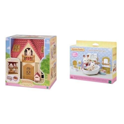 SYLVANIAN FAMILIES 5567 Red Roof Cosy Cottage Starter Home - Dollhouse Playset Nouveau Packaging, Taille Unique & 5286 - Le Set Salle de Bains, Multicolore