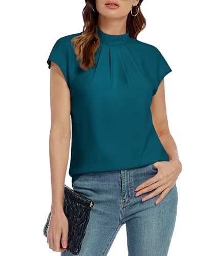 Image of Funlingo Womens Summer Tops Mock Neck Short Cap Sleeve Blouses Business Casual Work Chiffon Shirts Front Pleated Tunic Top
