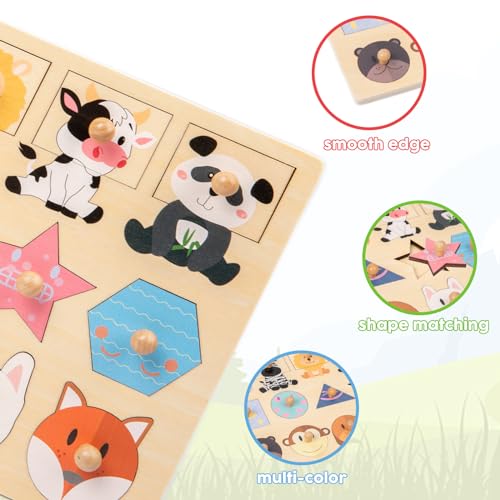 Image of Adena Montessori Jumbo Knob Animal Shape Puzzle, 1 Year Toddler | Safe wood, Large knob animal shapes. Builds color & shape recognition, fine motor & matching. Easy grip.