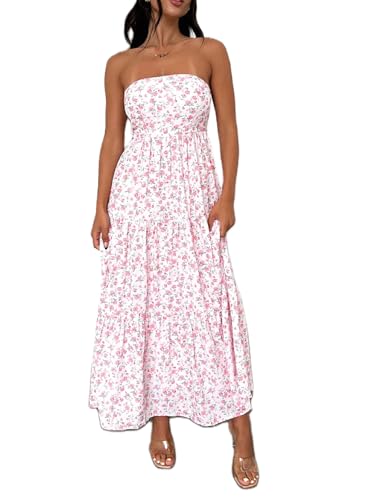Image of Women Floral Print Maxi Tube Dress Strapless Flowy Long Bandeau Dress Y2K Open Back Sundress Summer Beachwear