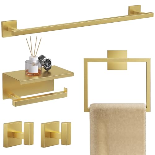 TQKAG 5-Pieces Brushed Gold Bathroom Hardware Accessories Set 23.6 SUS304 Stainless Steel Towel Bar Set Wall Mounted Square Toilet Paper Holder with Shelf