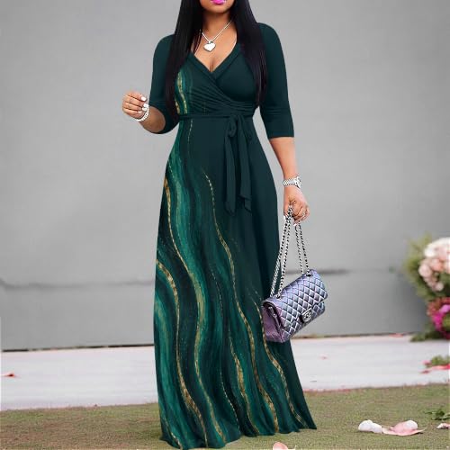 Image of Plus Size Maxi Dress for Women V Neck 3 /4 Sleeve Wrap Dress Teal L | Teal Floral Women's Maxi Dress