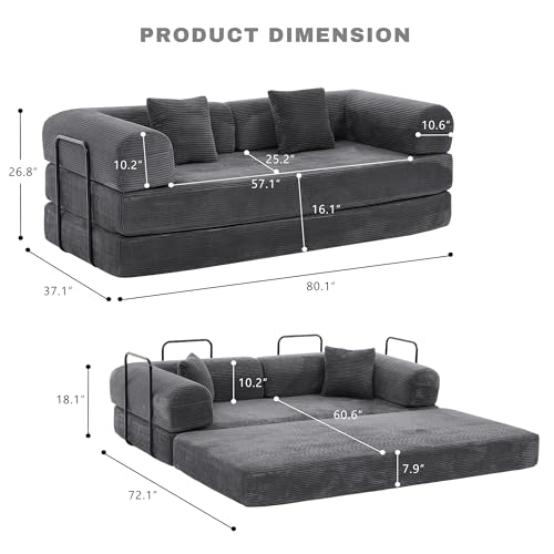 Image of 80 Inch Multi-Functional Convertible Sofa Bed, Fixed Shape Frame, High Density Foam with Corduroy, Easy Assembly, for Living Room and Bedroom. (Gray)