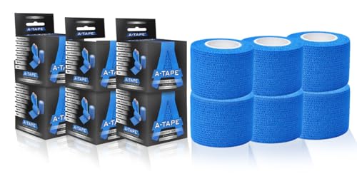 Image of A-Tape Breathable Self Adhesive Cohesive Bandage Wrap - Athletic Non-Woven for Sports, Medical Use, Injuries, Knee & Wrist Support - Suitable for Humans & Pets (Blue, 5cm Pack Of 6)