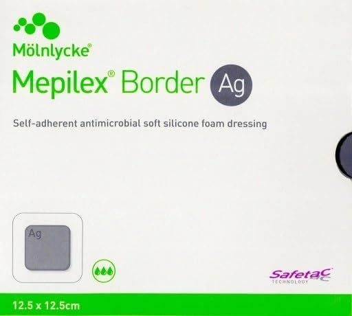 Mepilex Border Ag 12,5 x 12,5 cm, samoprzylepny, antybakteryjny, delikatny bandaż z pianki silikonowej, 5 sztuk
