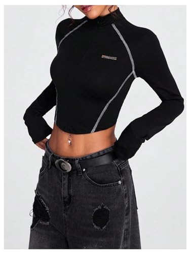 MakeMeChic Women's Y2k Mock Neck Half Zip T Shirt Long Sleeve Crop Tops Streetwear2