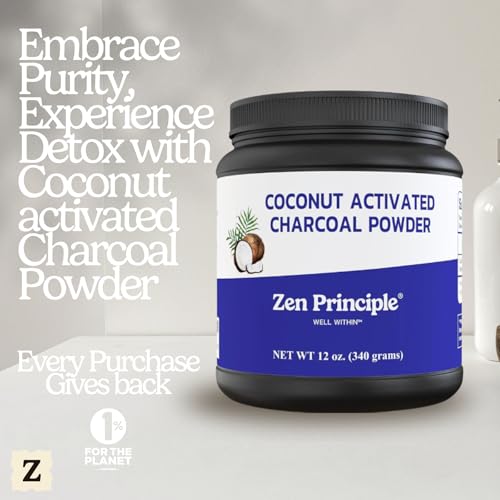 Image of Zen Principle Coconut Activated Charcoal Powder. Whitens Teeth, Rejuvenates Skin and Hair, Supports Better Digestion. USA-Owned Producers, Free Scoop, 12 Oz
