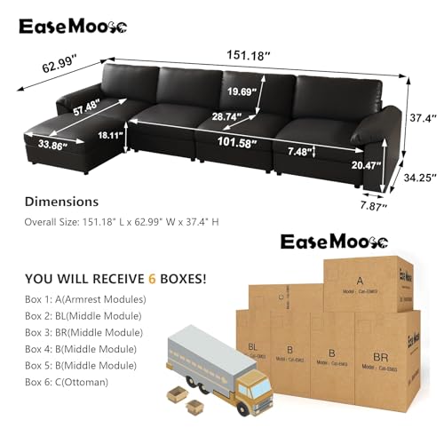 Image of EASE MOOSE Oversized Modular Sectional Sofa,Leather Sectional Couch with Deep Seat,Extra Large L Shaped Couch,Classic Comfy Scratch Resistant Faux Leather Material Sofa for Living Room,Black