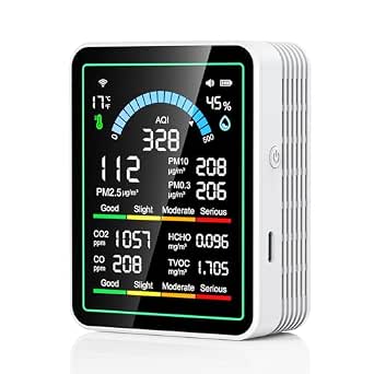 10-in-1 Portable Air Quality Monitor for CO2, CO, TVOC, HCHO, Temp, AQI, PM0.3-1 Detection