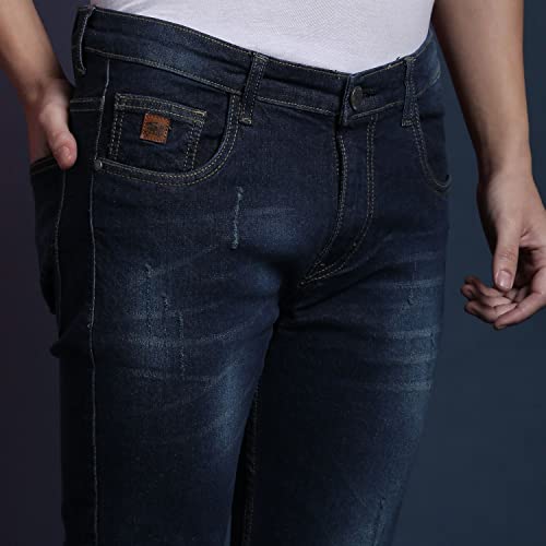 Image of CAHOOT Men's Navy Blue Tapered Dark- Wash Denim Jeans | Stretchable Cotton Mid-Rise Denim Jeans Crafted with Comfort Fit and High Performance for Everyday Wear