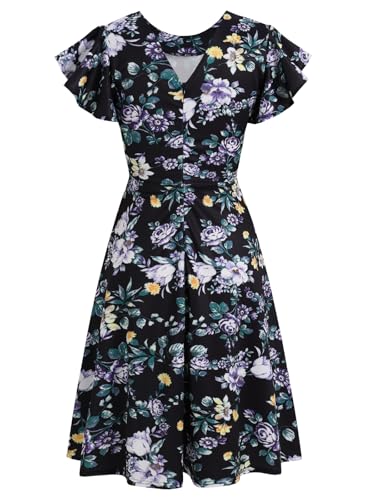 Image of MSLG Women's Fit and Flare Ruffle Short Sleeves Dresses Work V-Back Cocktail Semi Formal A Line Dress with Pockets 842