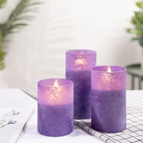 Image of Purple Flameless Candles With Remote LED Battery Operated Pillar Candles | Sea Salt Glass Design, Realistic Flicker, 10-Key Remote With Timer & Brightness Control For Fireplace, Home & Holiday Decor