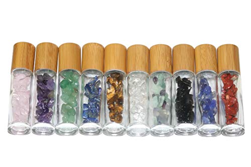 Wresty 10ml Roll On Bottle With Gemstone Rollerball&Crystal Chips Inside,10 Packs Glass Roller Bottles Essential Oil Sample Bottles(Bamboo Lids)4