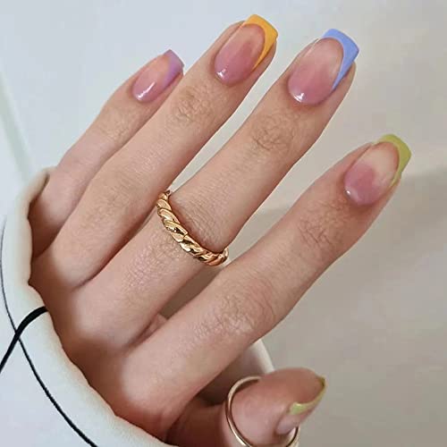 French Tip Press on Nails Short Acrylic Nails Square Fake Nails Full Cover Colorful False Nails Glue on Nails for Women and Girls 24Pcs