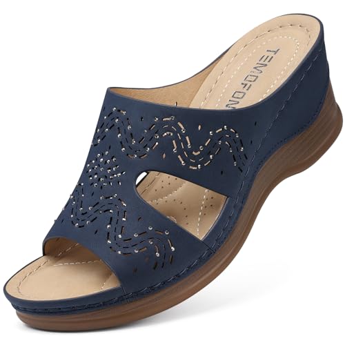 Image of TEMOFON Women Wedge Sandals Dressy: Comfortable Lightweight Summer Shoes | Low Wedge Heel - Fit Wide Feet - Comfy Stylish Slip on Sandals Size 5-11