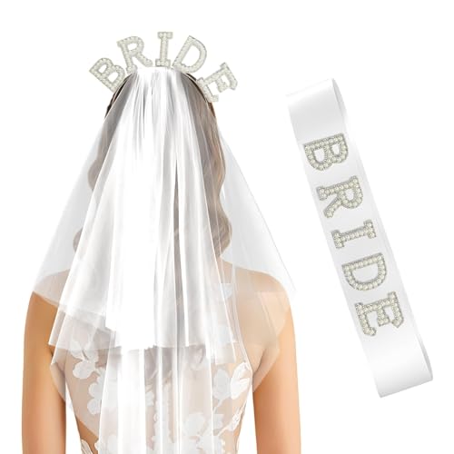 Pearl Bride Sash &amp; Headband with Veil for Bachelorette Party, 2Pcs Pearl Veil and Sash Set for Women, Bach Party Favors Accessories for Wedding Bridal Showers Engagement Party Supplies