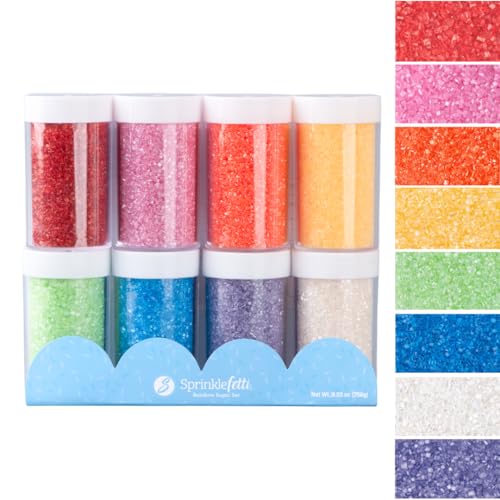 Image of Sweets Indeed Rainbow Sanding Sugar 8-Pack Set - Red Pink Orange Yellow White Green Blue and Purple Decorating Sugar Crystals for Baking & Decorating Cupcakes, Cookies, Cakes & Desserts - 9.02 ounces