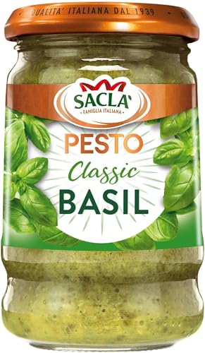 Sacla Italian Basil Pesto - Perfect with Pasta, Pizza, Garlic Bread and Tagliatelli - Made with Fresh Basil Leaves, Italian Cheeses and Pine Nuts - 190g (Pack of 1)
