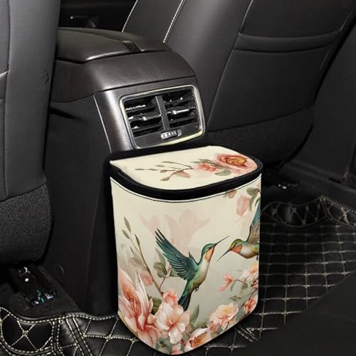 Image of Retro Hummingbird Car Trash Bag Bin Hanging Leak Proof Reusable Automotive Garbage Can with Lid,Durable Car Accessories Auto Organizer and Storage