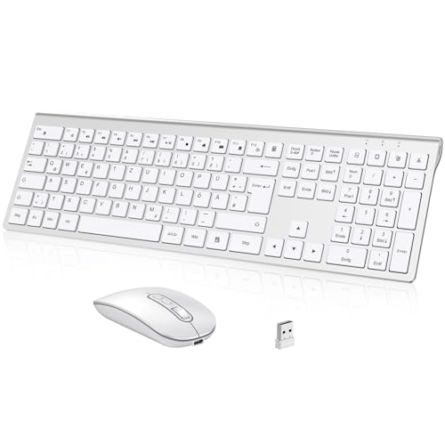 cimetech Tastatur Maus Set Kabellos Ultra-Dünne Wiederaufladbare Kabellose Tastatur und Maus Ergonomisch Funktastatur QWERTZ Layout Ultra SlimThin für Computer/Desktop/PC/Laptop/Windows (Silber)