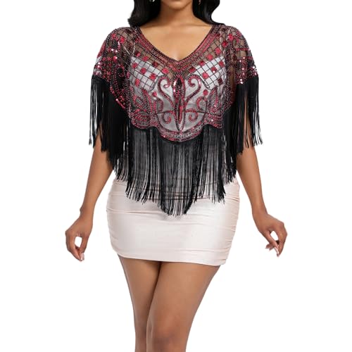 Women's 1920s Sequin Shawl Wraps Fringe Capelet Shawls Gatsby Accessories for Harlem Night