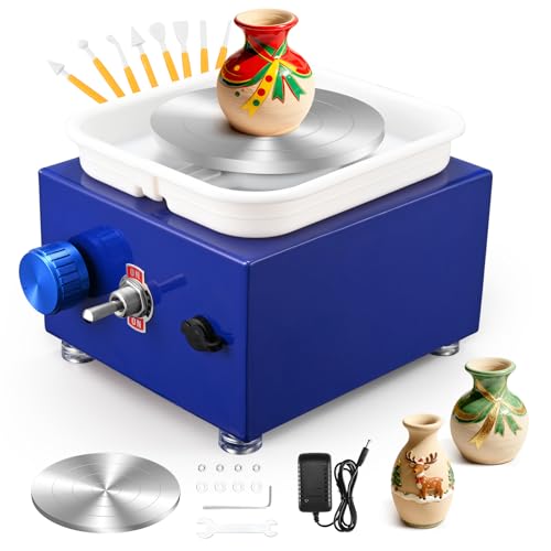 Torno Alfarero,Torno Ceramica 2000 RPM de Velocidad Ajustable,Torno de Alfarero con Placas de 10/6,5 cm,Kit Ceramica para Niños y Adultos（Azul oscuro）