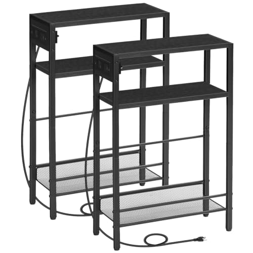 Image of HOOBRO Small Narrow Side Table with Charging Station Set of 2, Skinny End Table for Small Spaces, Slim Nightstand with USB Ports Outlet, Sofa Beside Table with Storage Shelf BB102UBZP201
