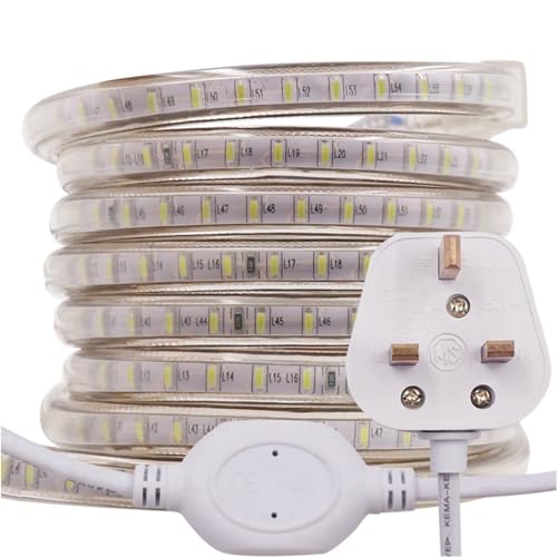 GQL 25m LED Strip AC 220V 240V IP65 Waterproof 3014 SMD 120LEDs/m Commercial Rope Light, Cold White Ribbon for Home Kitchen Cabinets Ceiling Garden Decoration UK Plug