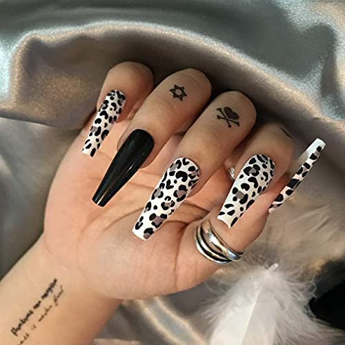 24Pcs Press on Nails Coffin Fake Nails Tips, ALPHONSE Long Ballerina False Nails with Glue, and 5 Sheet Waterproof Temporary Tattoo stickers for Women