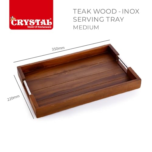 Image of Crystal Teak Wood INOX Rectangular Serving Tray | for Home, Kitchen, Restaurant, Office Organizer, Dining Table | Premium Wooden Trays | Medium - 35 X 22 X 5 Cm | Handcrafted in India