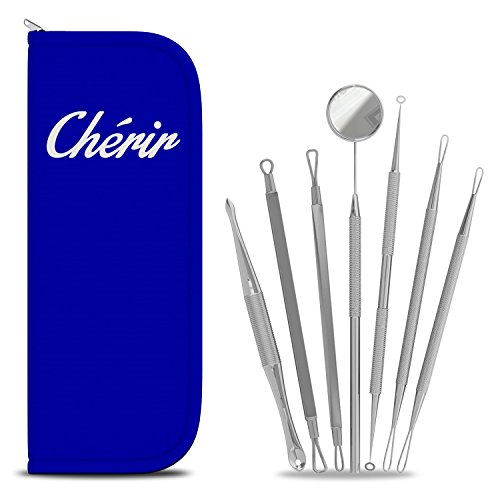 Premium Blackhead & Blemish Remover Kit by Chérir - Acne Treatment - 7 Professional Surgical Extractor Instruments - Extra Mirror - Cure Pimples, Blackheads, Comedones, & Facial Impurities