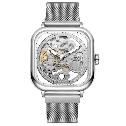 Image of Luxury Automatic Mechanical Watch, Square Skeleton Dial, Stainless Steel Mesh Band, Self-Winding Movement, Classic