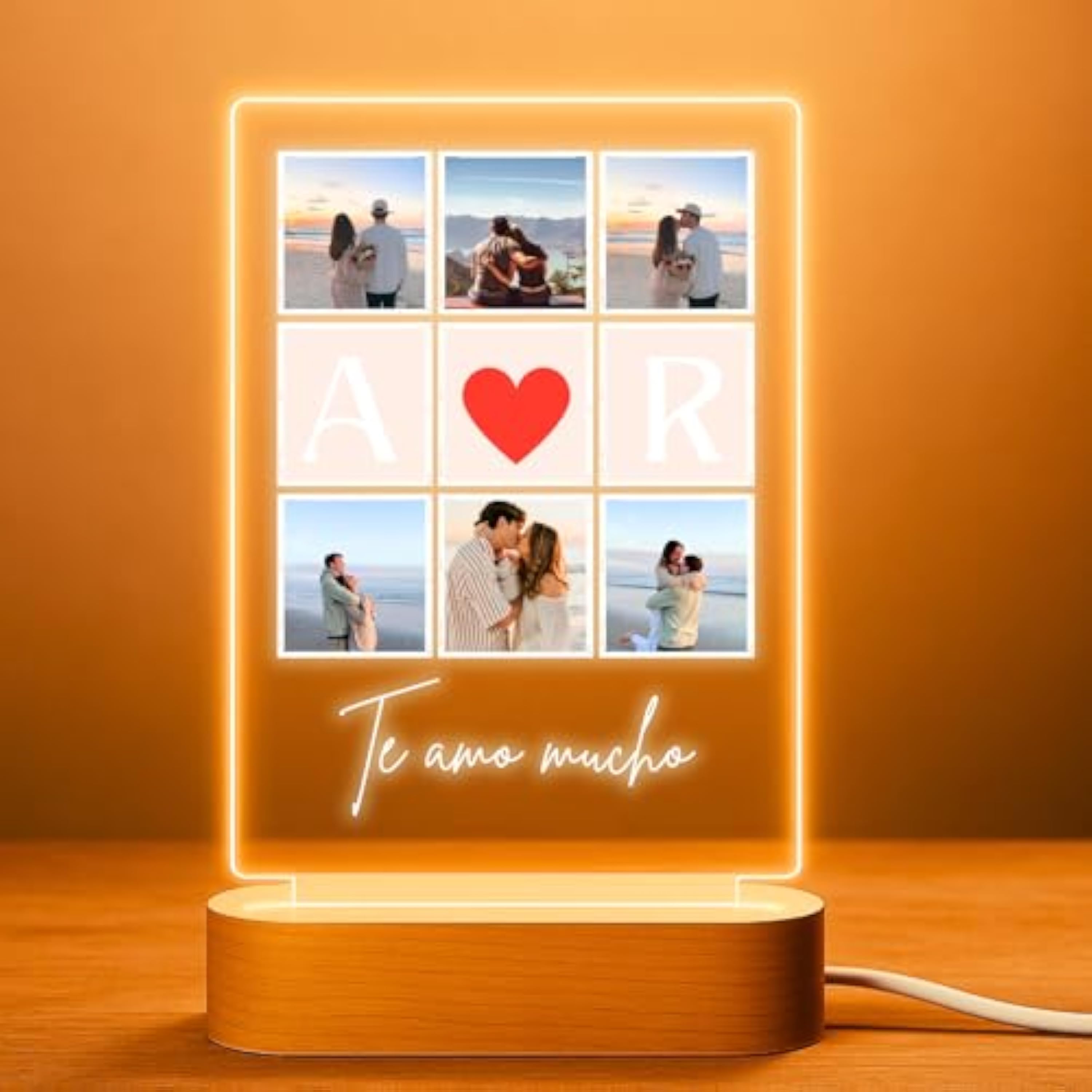 Cristal Plaque Lámparas Personalizadas AMOR con 6 Fotos y Texto – Regalo Pareja Hombre y Mujer – Lámpara Personalizada con Foto y Luz LED – Decoración Hogar Metacrilato Transparente