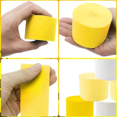 Image of PheiLa Crepe Paper Streamers 6 Rolls 492ft, Yellow Crepe Paper Decorations for Birthday Wedding Baby Shower Bride Sunflower Theme Party Decor, 1.77 Inch x 82 Ft /Roll