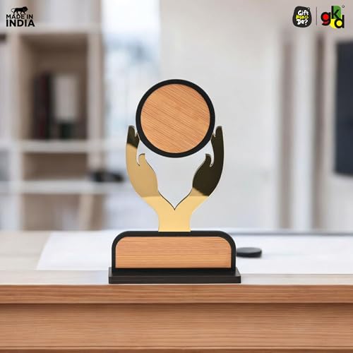 Image of GKD Wooden Trophy with Golden Acrylic | Self-Customizable with Sticker Award /Memento for Events, Corporate Gifting, School Functions & Achievements (Golden Gratitude - Self)