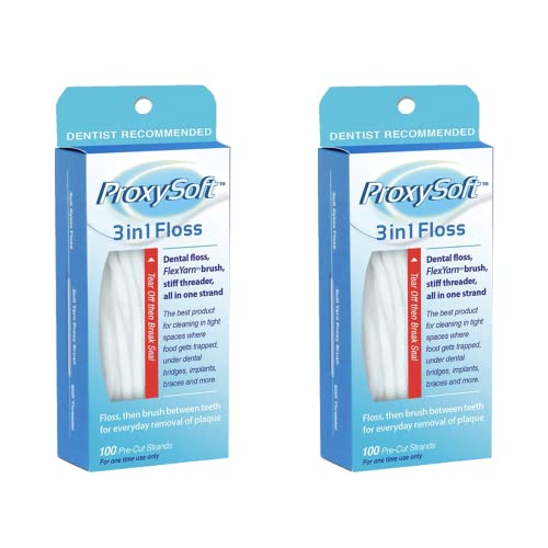 ProxySoft 3-in-1 Dental Floss for Optimal Teeth Flossing?- 2 Packs Pre-Cut Ortho Floss Threaders for Braces, Tight Spaces, Bridges, Implants with Built-in Soft Proxy Brush and Stiff Threader Flosser