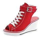ALLINNINE Women's Topic Open Ankles Slide Peep Toe Buckle Strap Flatform Wedge Casual Sandals 3.15 inches Heels Slingback Shoes (Peep-Toe Red, 8)