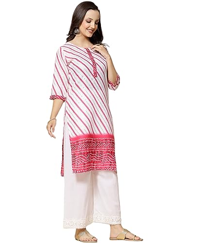 Image of Vinchic Women's Round Neck Cotton A-Line Bandhani Print Yellow Stripes Kurti (BANDHANI-123-P)