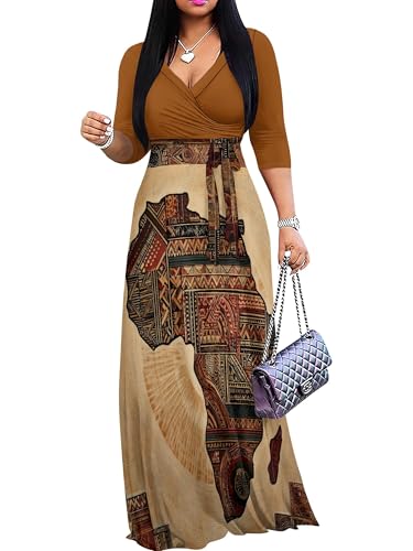 Image of PinkPatty Plus Size Maxi Dresses for Women Casual Flowy Long Dress 3 /4 Sleeve V Neck Wrap Dress with Belt