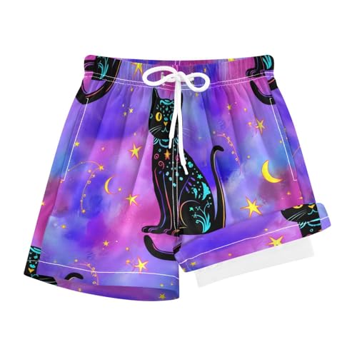 Boy Swim Trunks with Compression Liner Black Cats Stars Boys Swim Shorts Quick Dry Beach Shorts