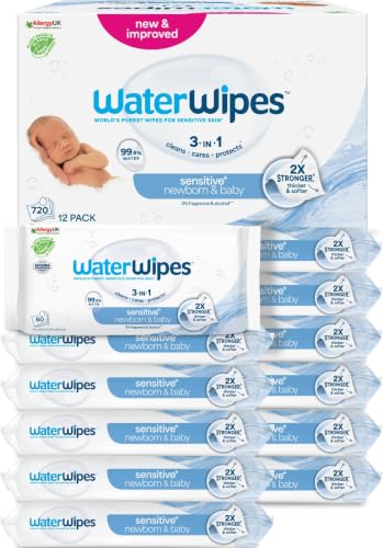WaterWipes Sensitive+ Newborn & Baby Wipes, 99.9% Water, Unscented, 12 Pack