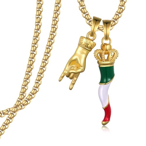Gold Italian Horn Necklace 925 Sterling Silver Lucky Hand Italian Horn Necklace for Men Women Jewelry Gifts for Men Women