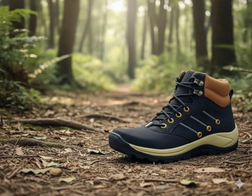 Image of Hiking Boots, Black and Tan, Lace-Up High Ankle, Metal Eyelets, Rugged Outdoor Footwear