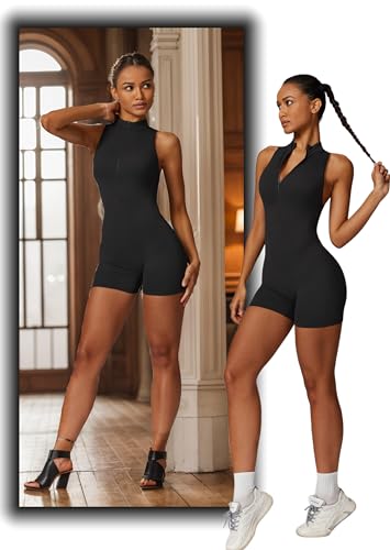 HerGymClothing Womens Workout Rompers High Support Zip Up Backless Padded Sleeveless Scrunch Butt Ladies Sports Jumpsuit Shorts Suit Set Gym Clothing (Black, S)