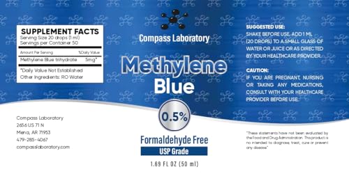 COMPASS LABORATORY Methylene Blue Pharmaceutical Grade, USP Grade, Third-Party Tested Dietary Supplement for Humans, No Formaldehyde, Made in USA (0.5% 50ml Bottle)