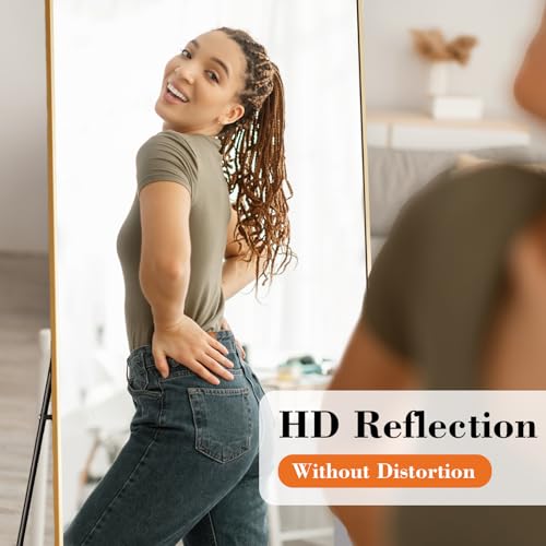 DUMOS Full Length Mirror with Stand 64"x21" Floor Standing Aluminum Frame for Bedroom Body Hanging Leaning Modern Simple Home Decor Shatter-proorf Nano Glass Wall Living Room Cloakroom Gold