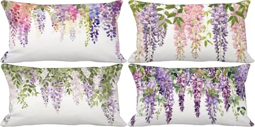 Fundas Cojines 50x70 Juego de 4 Púrpura Cojines Exterior Impermeable Lino Cushion Covers Lavanda Diseño Estampado con Cremallera Invisible para Exterior Jardín Patio Coche Decorativos Regalo m30-0I