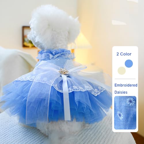 Image of HDKUW Small Dog Dress, Girl Puppy Lace Princess Skirt Tutu Dress with Bowknot,Chihuahua Yorkie Clothes Outfit for Birthday Wedding Party Blue Daisy XS
